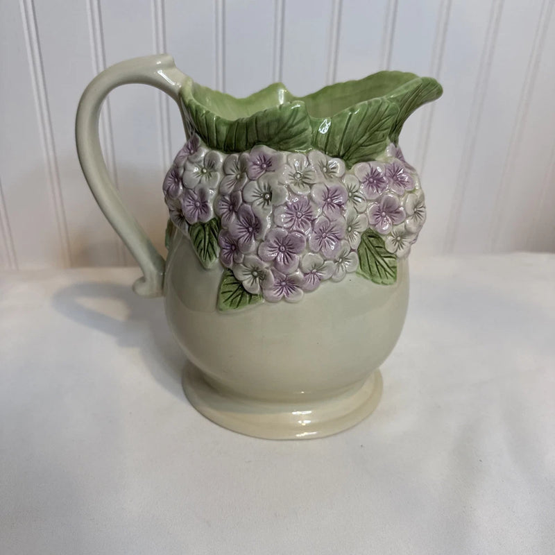 Pitcher Ceramic embossed purple hydrangea flowers and green leaves Hydrangea