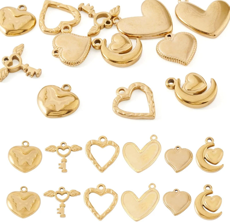 Gold-plated heart and flower charm pendants, assorted shapes including moon and key