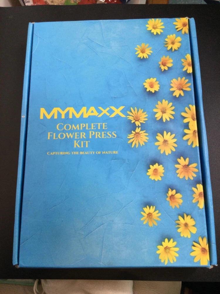 Blue flower press kit with yellow flower print, MyMaxx Complete Flower Press.