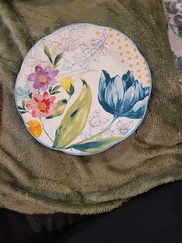 Floral salad dessert plate, 8.5-inch round, multi-color bouquet with gold accents