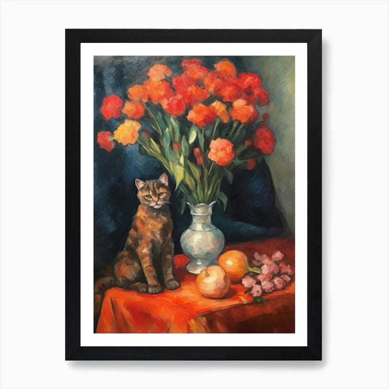 Framed wall art print with orange carnations, a vase, and a resting cat