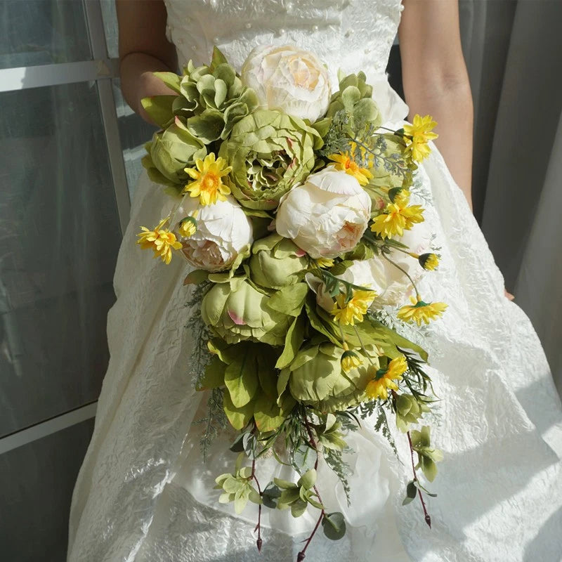 Romantic Peony Wedding Bride Bouquet Garden Waterfall Sagging Simulation Flower Peony