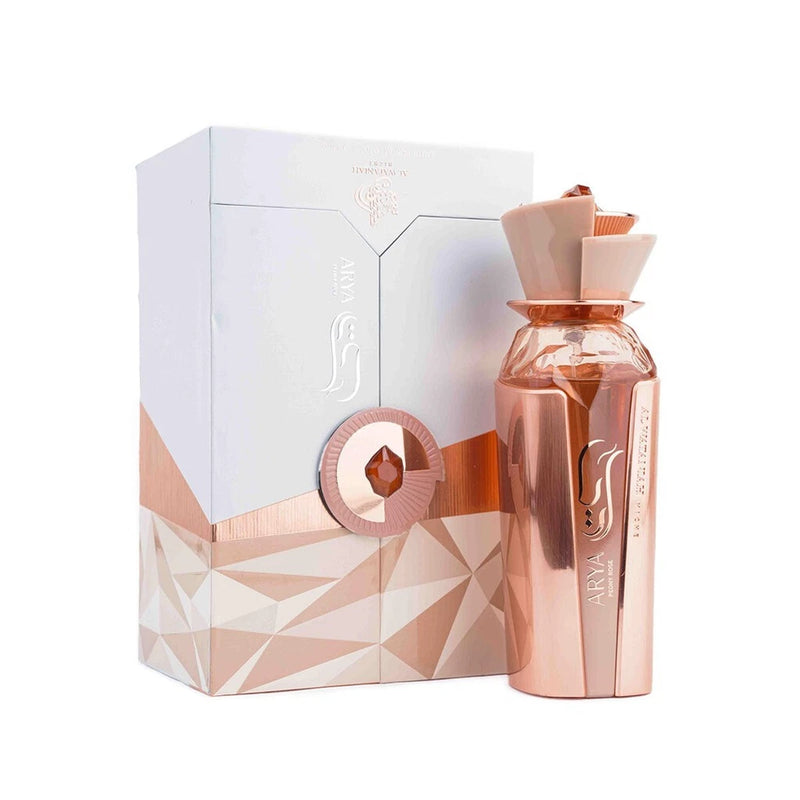 Peony rose eau de parfum bottle in rose-gold glass with matching gift box