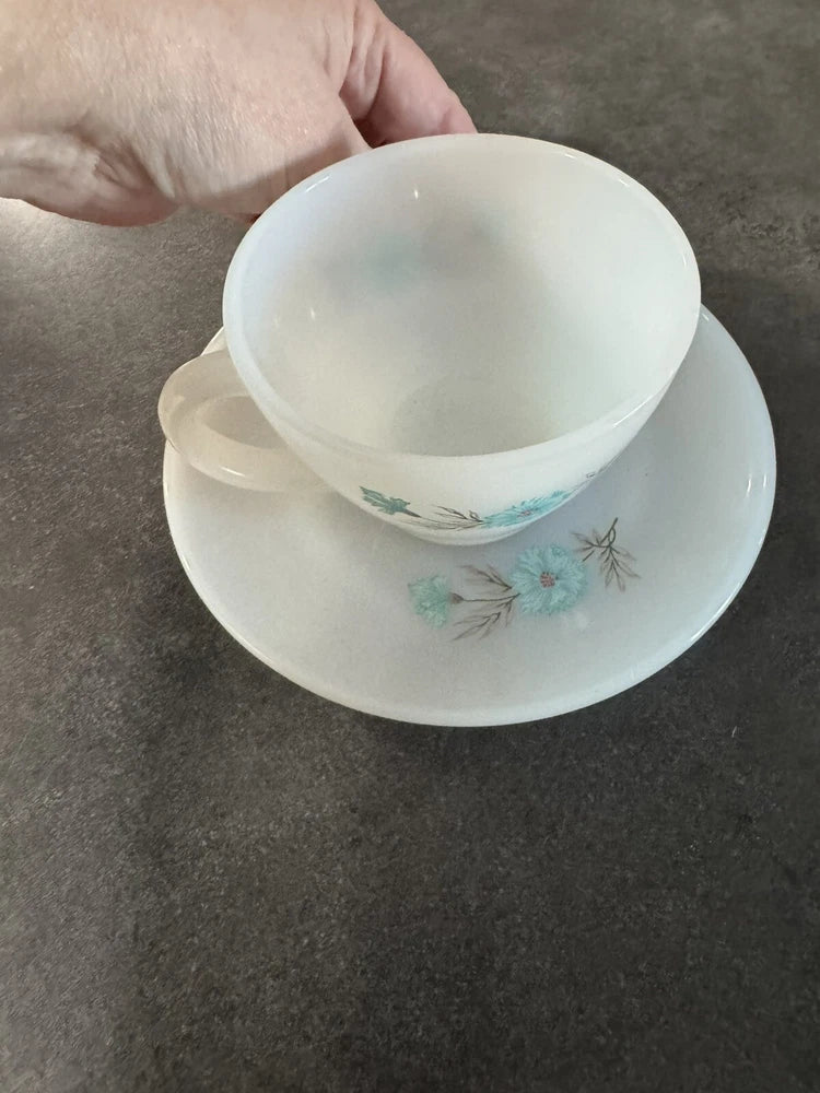 Vtg 1950 Fire King White Milk Glass Bonnie Blue Carnation Cup and Saucer Mint Carnation