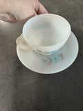 Vtg 1950 Fire King White Milk Glass Bonnie Blue Carnation Cup and Saucer Mint Carnation