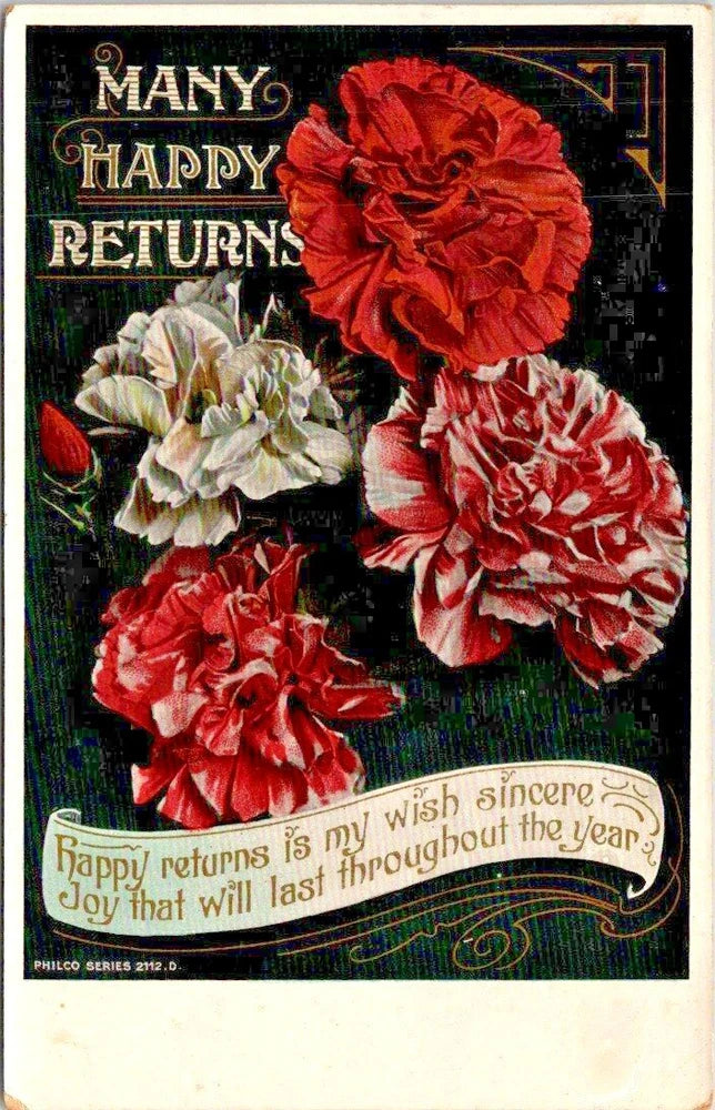 Vintage Postcard Posted 1910 Carnation Flowers ~ Many Happy Returns ~ Ships FREE Carnation