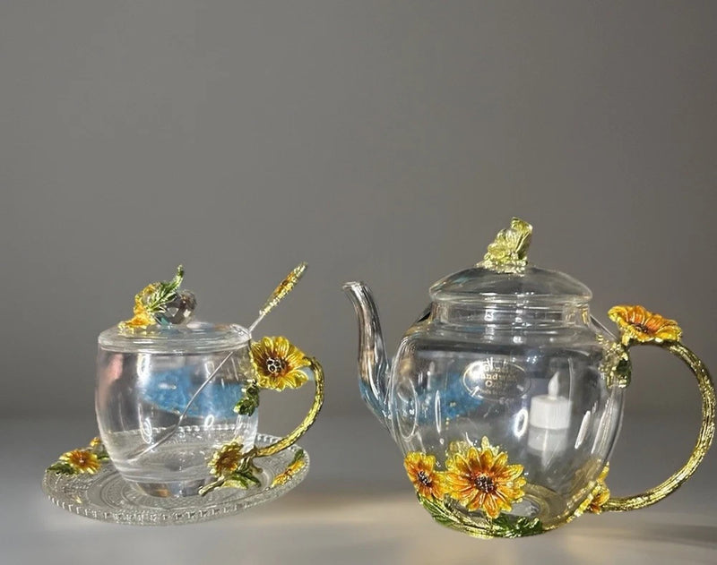 Durable Floral Glass Teapot Gold Leaves Edge Sunflower Pattern Sunflower