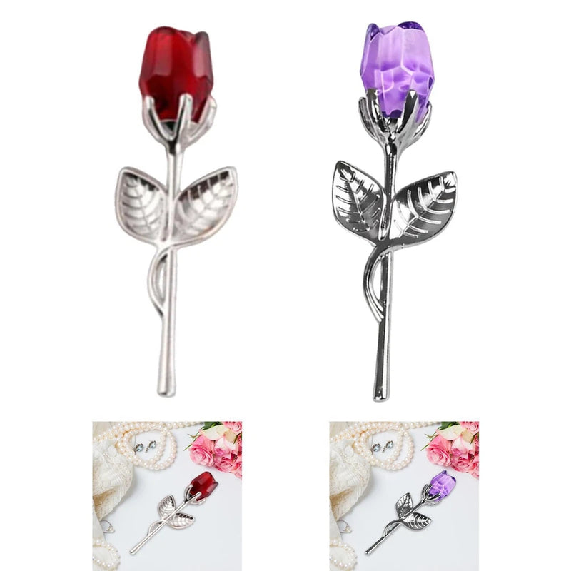 Rhinestone rose flower collectible with red and purple glass-like petals on silver stem