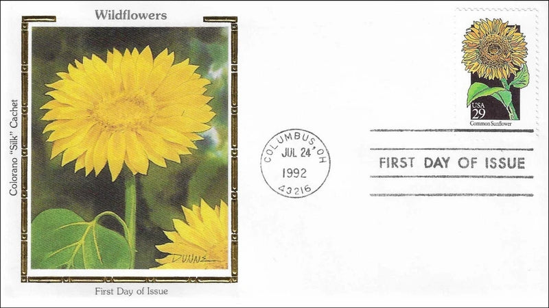 Sunflower postage stamp on first day of issue cover with cancellation mark