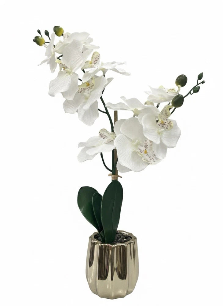 Artificial White Orchid Flower Arrangement in Gold Pot Green Plant