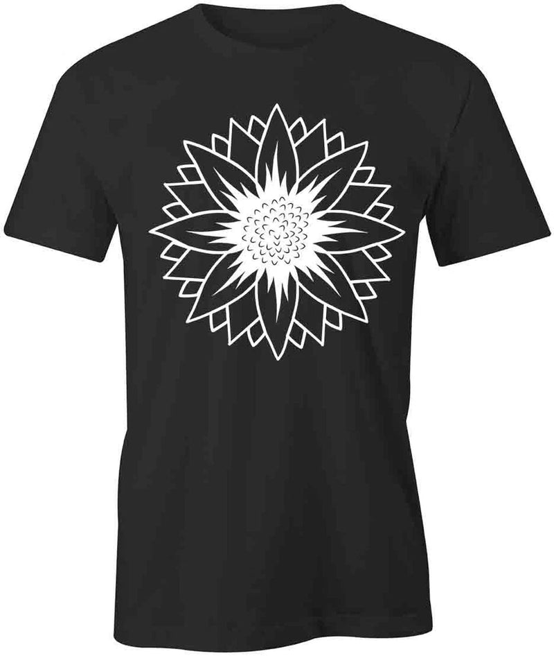 Black short-sleeve cotton T-shirt with white sunflower graphic on front