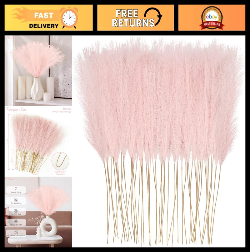 150pcs Pink Faux Pampas Grass - 21.6" Artificial Floral Branches for Home, Weddi Pampas Grass
