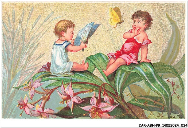 Car Abhp9 1621 Chromos - Children On A Flowering Plant With Butterflies Flowering Plants