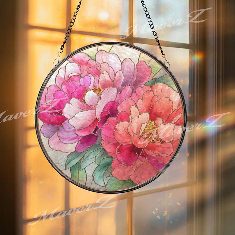 Round stained glass peony suncatcher with pink and red flowers, hanging chains