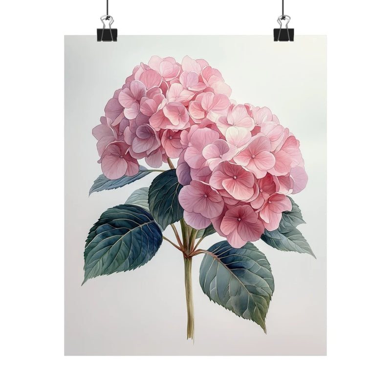 Pink hydrangea flower art print poster with clustered blooms and green leaves