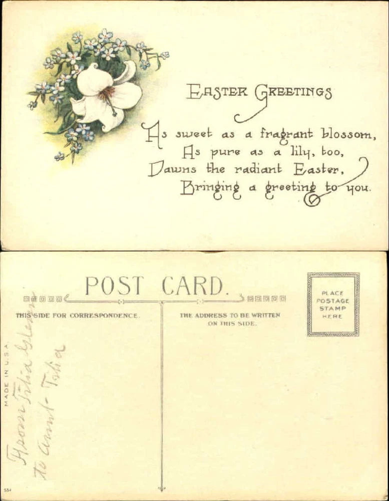 Easter Greetings ~ poem fragrant blossom lily forget-me-nots poem c1910 unused Lily