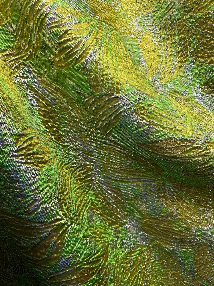 GREEN GOLD SILVER Floral Metallic Brocade Fabric (60 in.) Sold By The Yard Flowering Plants