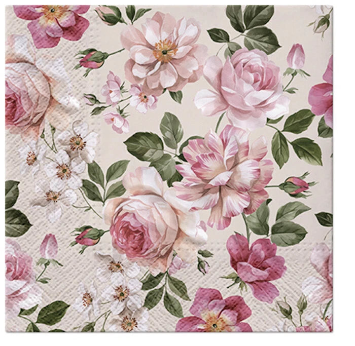 Floral napkins with pink roses and pastel flowers, textured paper look