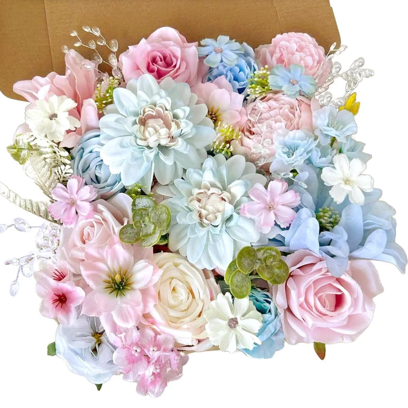 Artificial Flowers Combo Box Set Baby Blue Pink Silk Roses with Stems Crystal... Hydrangea