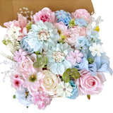 Artificial Flowers Combo Box Set Baby Blue Pink Silk Roses with Stems Crystal... Hydrangea