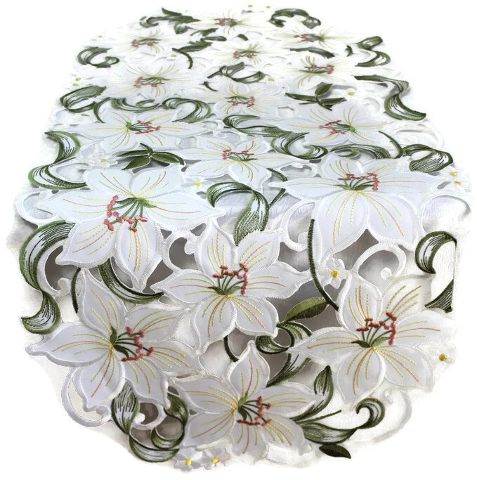 Doily Boutique Table Runner, Doily, Mantel Scarf with White Easter Lily Flowers Lily