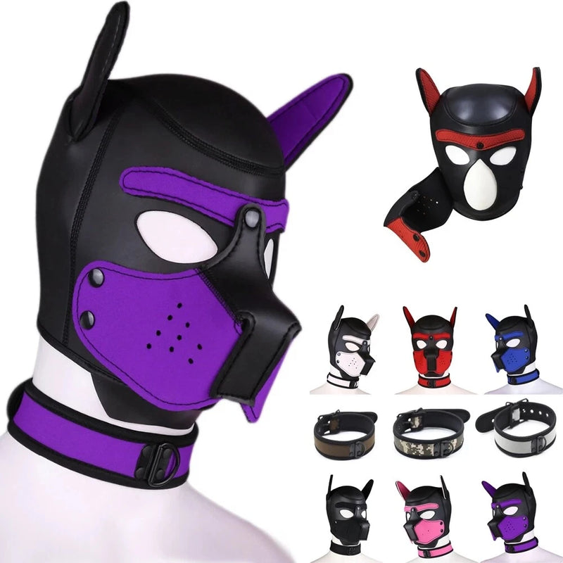 Neoprene Puppy Hood Role Play Dog Mask Puppy Cosplay Full Head with Neck Cover Roses