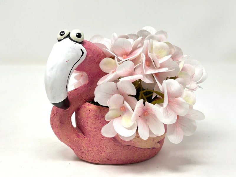 6" Potted Lg FLAMINGO Blob House pot with faux silk Pink Hydrangea Flowers, hand Hydrangea