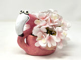 6" Potted Lg FLAMINGO Blob House pot with faux silk Pink Hydrangea Flowers, hand Hydrangea