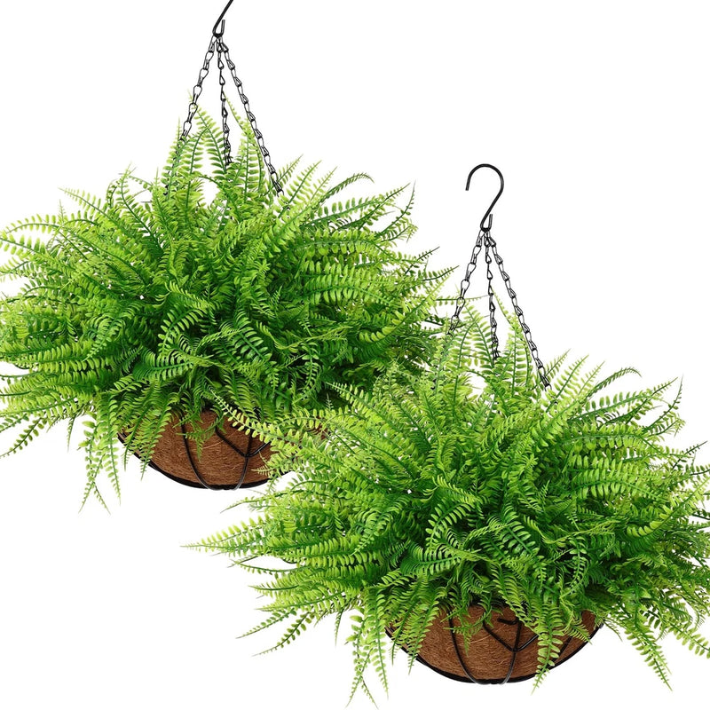 Set of 2 faux Boston fern hanging plants in round woven baskets, green leaves