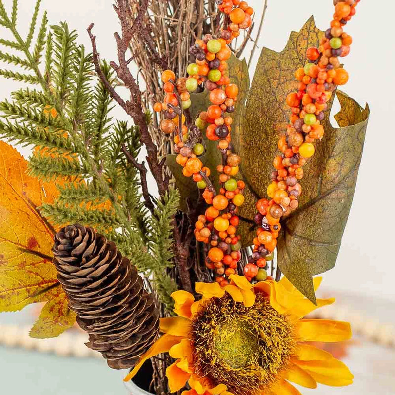 Artificial fall sunflower and berry twig bundle with pine cone and faux leaves
