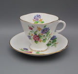 Vintage Clarence England Bone China Teacup & Saucer Hydrangeas Blue Pink #577 Hydrangea