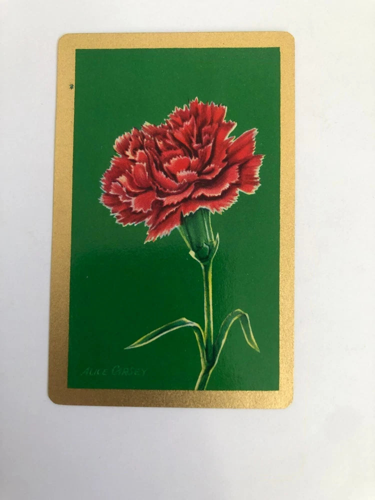 Vintage art playing card with red carnation blossom