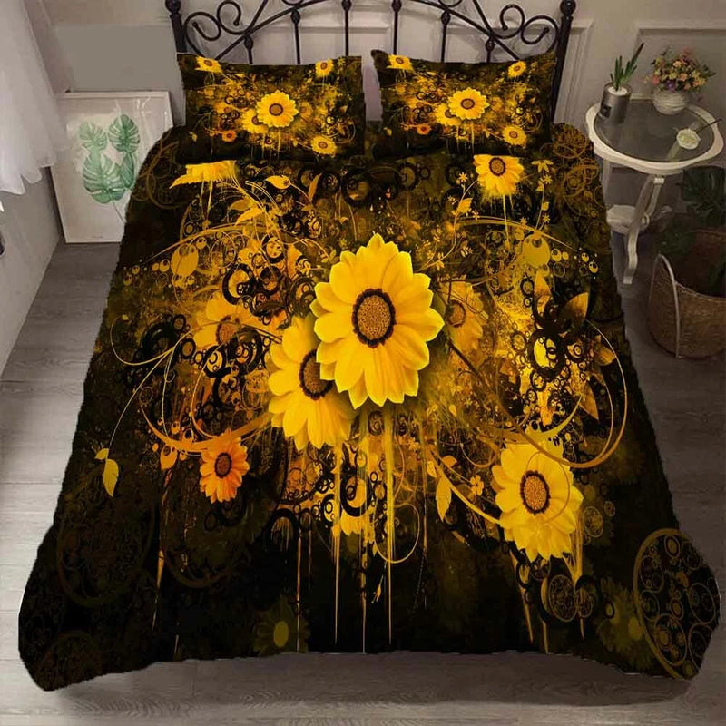 Sunflower 3D quilt duvet cover set with pillowcase, dark floral 3D print