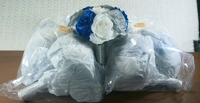 7 Bridal Bouquets Bridesmaid 7" Wide 9.5 Tall Royal Blue/White/Gray Roses *NEW* Bouquet
