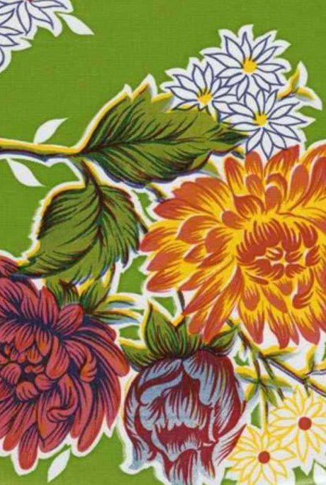 Oilcloth Fabric Classic Mums Green Pattern Sold in Yard or Bolt Flowering Plants