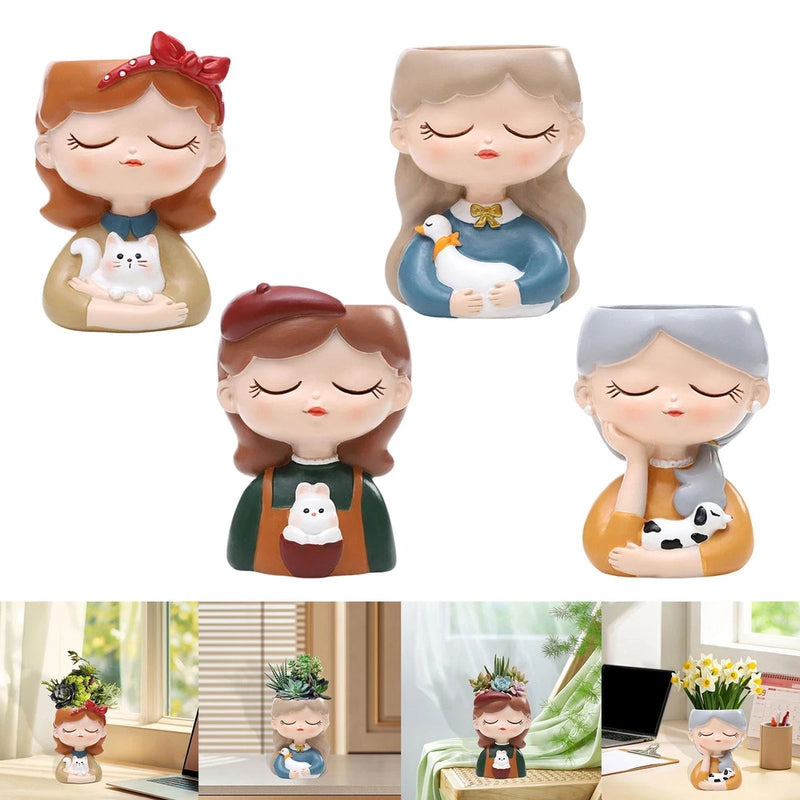 Girl Figurine Planter Pot Plant Container Lovely Girl Statue Garden Decor for Garden Plants