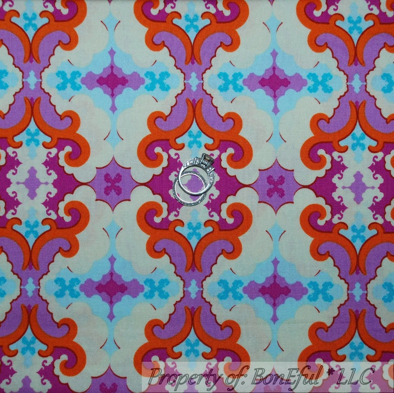BonEful Fabric FQ Cotton Quilt VTG Tangled Damask Flower Aqua Orange Purple Girl Flowering Plants