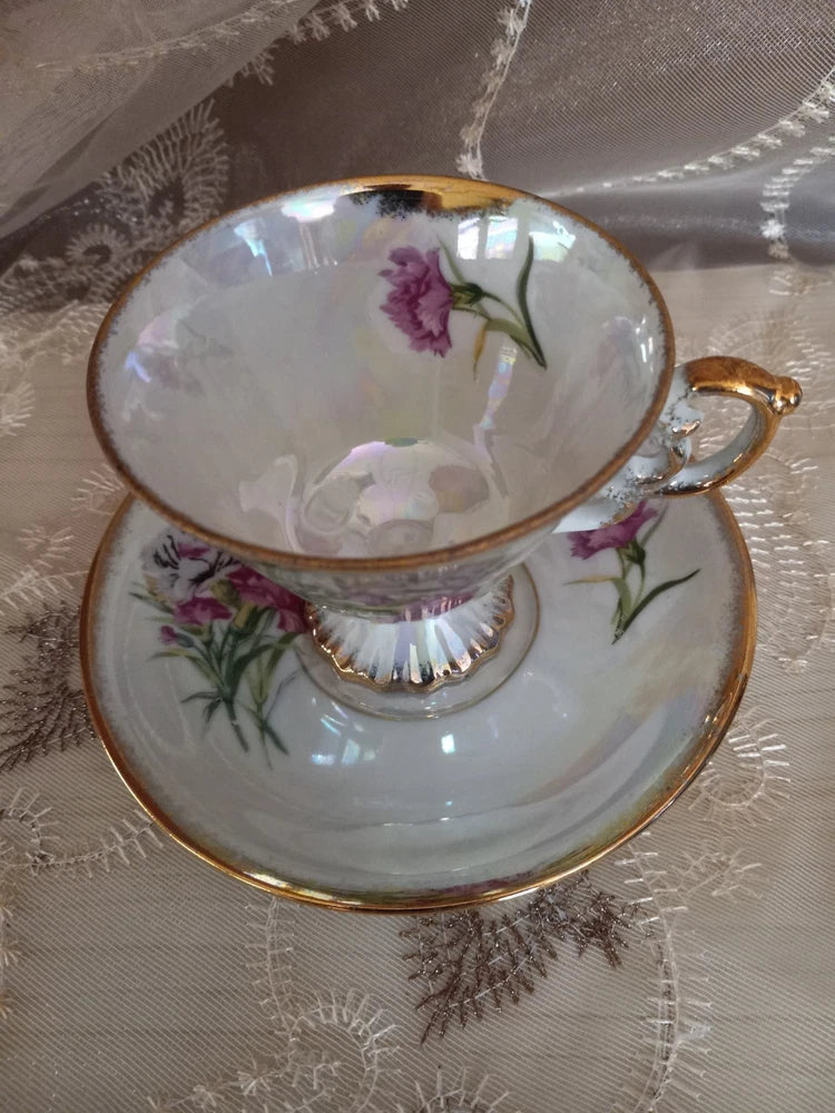 Lusterware Porcelain Tea Cup & Saucer Flower of the Month JANUARY Carnation Carnation