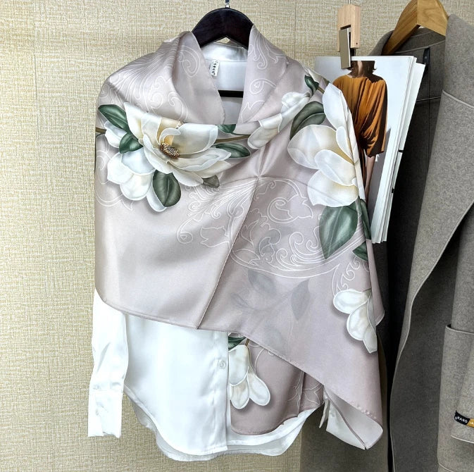 Silk square shawl in light purple with white floral and green leaf print