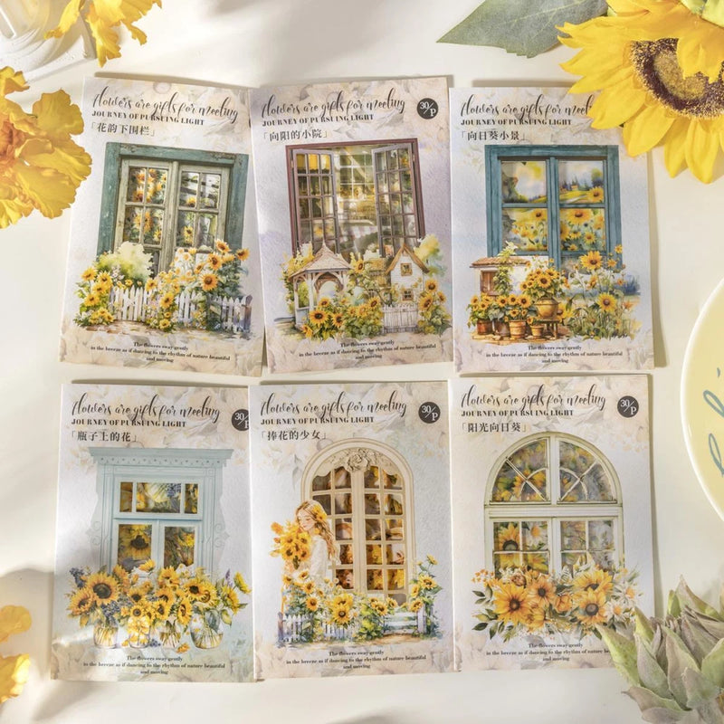 30Pcs Sunflowers Girls Field PET Stickers Journal Planner Scrapbooking Sticker Sunflower