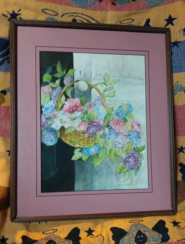 Vintage Watercolor Painting Hydrangeas Flowers Country Living Art Decor Signed Hydrangea
