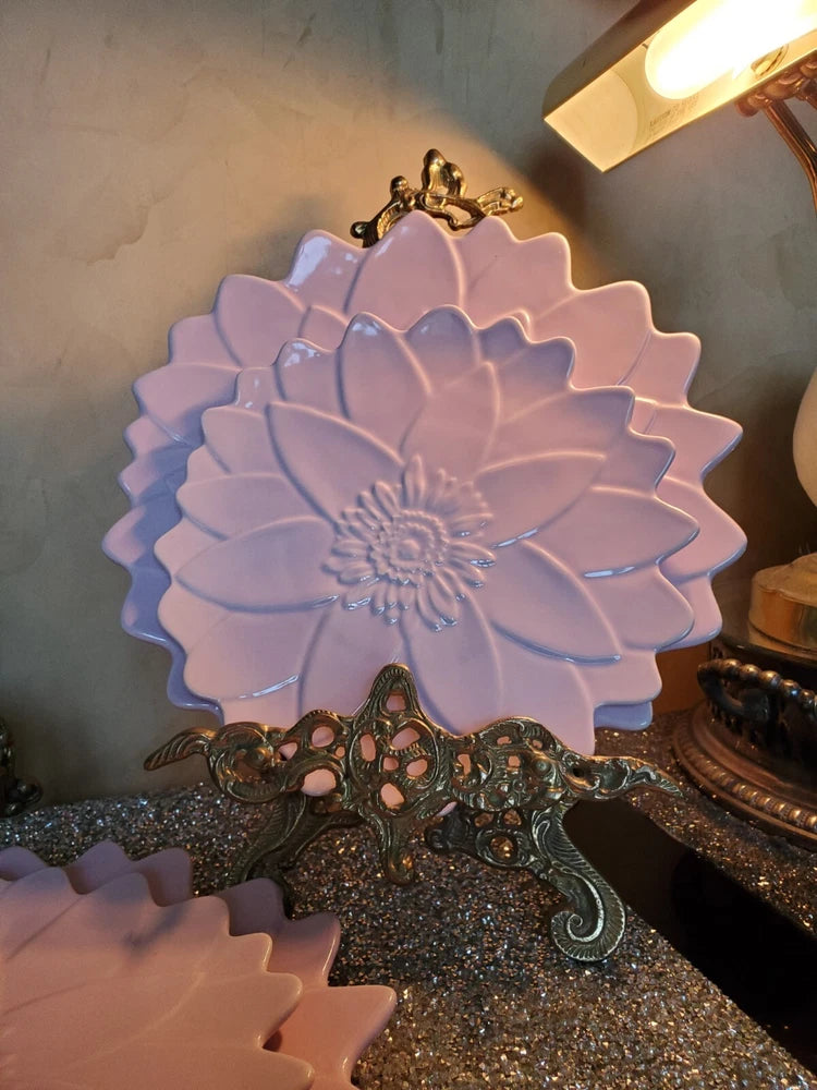 Water Lily ceramic plate with scalloped edge, light lavender, floral embossed design