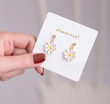 White Flower Lucky Daisy Gold Enamel Stud Dangle Drop Earrings Daisies