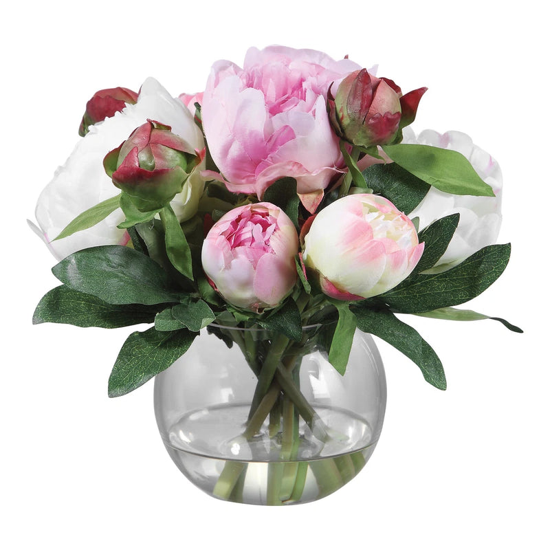 Luxe Large Pink White Peony Flower Bouquet Faux Floral Glass Vase Peony