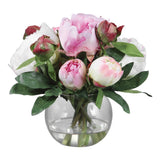 Luxe Large Pink White Peony Flower Bouquet Faux Floral Glass Vase Peony