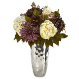 22Ó Peony, Hydrangea and Dahlia Artificial Arrangement in Silver Vase Hydrangea