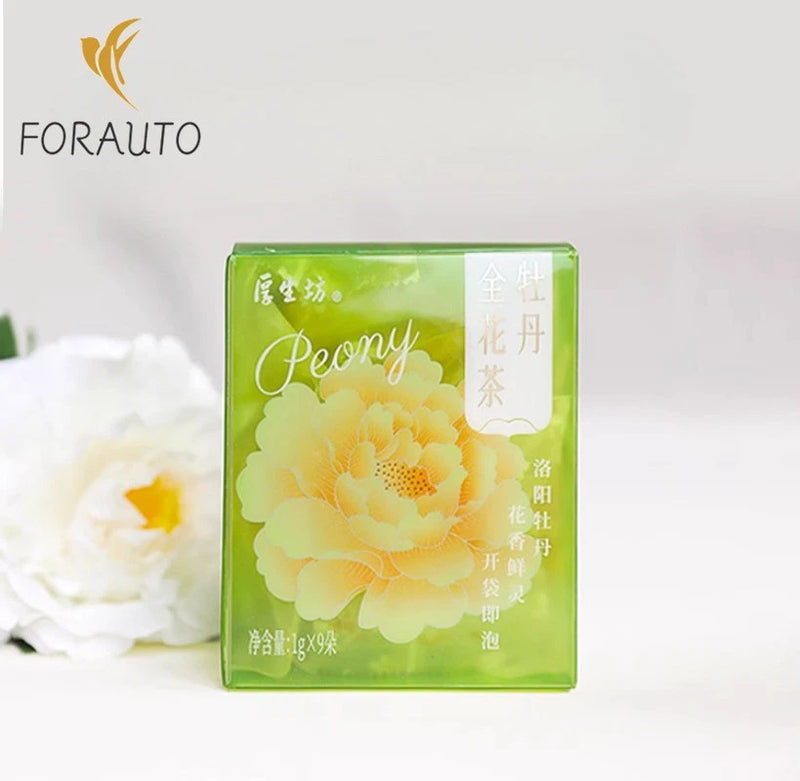 Peony flower tea box with peony flower illustration, green transparent package