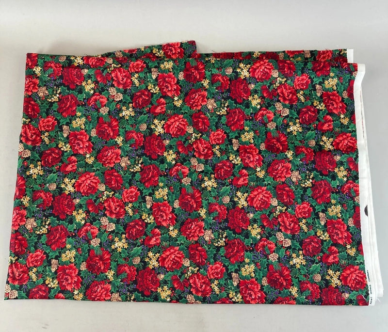 1.5yds Red Carnations Fabric w/ Acorns Pinecones Holly Berries Holiday Christmas Carnation