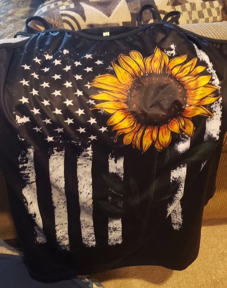 Black tank top with sunflower graphic and star-and-stripe print