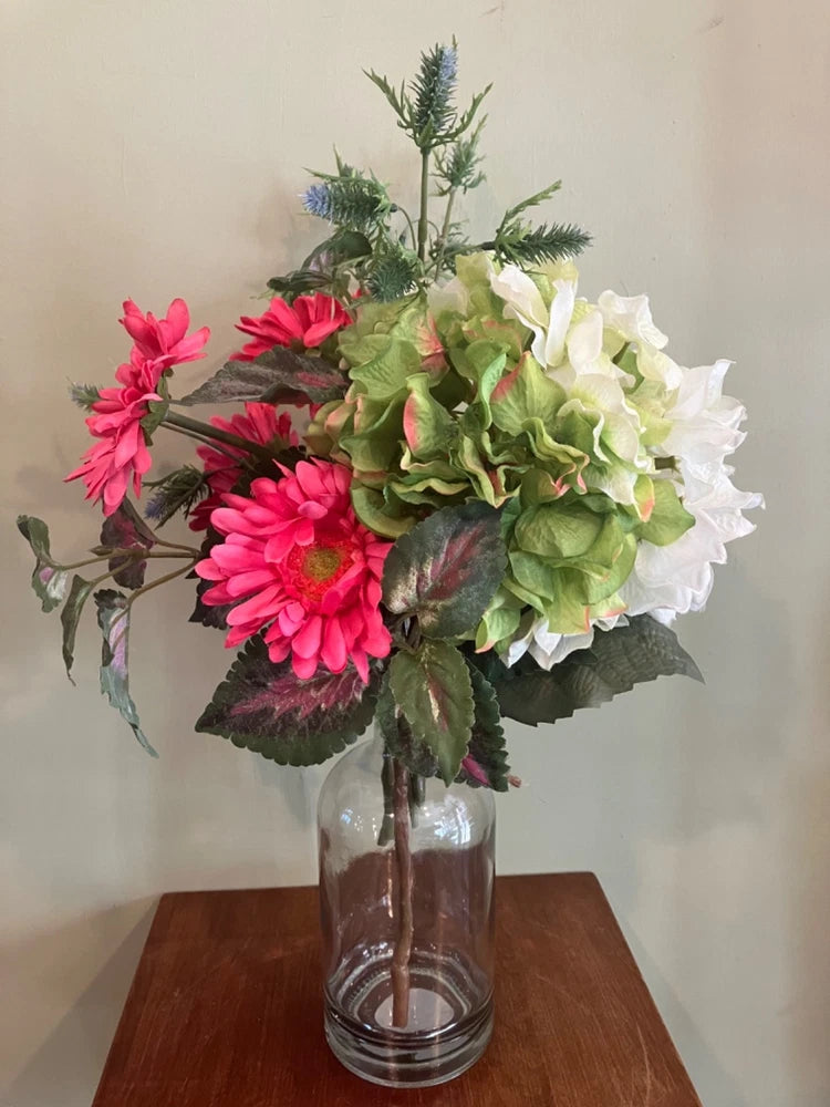 Farmhouse style silk arrangement hot  pink , green and  creams  20Óhigh Green Plant